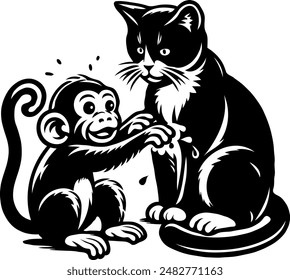 Delve into a world of whimsical professionalism with vector art illustrations featuring a cat and a monkey deeply engrossed in very important meetings. 