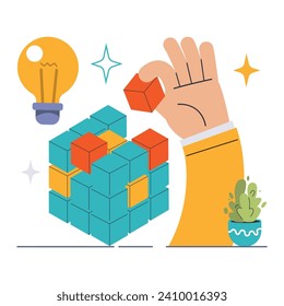 Delving into Micro-Niches. Hand strategically places cubes, symbolizing focused market segmentation. Bright idea for targeted marketing shines overhead. Mastery in niche strategy. vector illustration