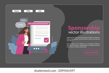 Delving into sponsorship. Woman with magnifying glass scrutinizes the concept, while emotive icons hover around. Laptop aids research. Insights, commitment, and passion at play. vector illustration