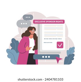 Delving into sponsorship. Woman with magnifying glass scrutinizes the concept, while emotive icons hover around. Laptop aids research. Insights, commitment, and passion at play. vector illustration