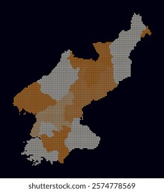 Dem. Rep. Korea dotted map. Digital style map of the country on dark background. Dem. Rep. Korea shape with square dots. Colored dots style. Small size squares. Creative vector illustration.