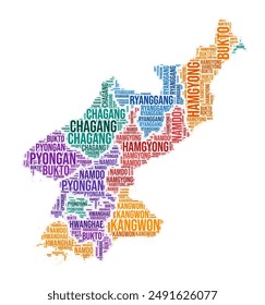 Dem. Rep. Korea region word cloud. Country shape design. Dem. Rep. Korea colored illustration. Region names collage cloud. Vector illustration.