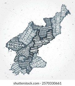 Dem. Rep. Korea regions word clouds. Country shape on textured background. Dem. Rep. Korea design in typographic style. Artistic vector illustration.