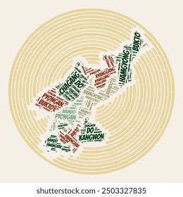 Dem. Rep. Korea Round Poster. Typography style image of Country. Regions word clouds of Dem. Rep. Korea. Vintage image design with scratch texture.