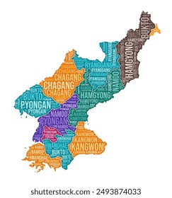 Dem. Rep. Korea shape. Country word cloud with region division. Dem. Rep. Korea colored illustration. Region names cloud. Vector illustration.