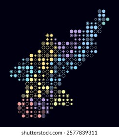 Dem. Rep. Korea, shape of the country build of colored cells. Digital style map of the Dem. Rep. Korea on dark background. Large size circle blocks. Plain vector illustration.