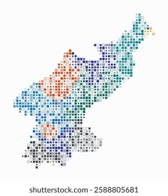 Dem. Rep. Korea, shape of the country build of colored cells. Digital style map of the Dem. Rep. Korea on white background. Small size square blocks. Creative vector illustration.