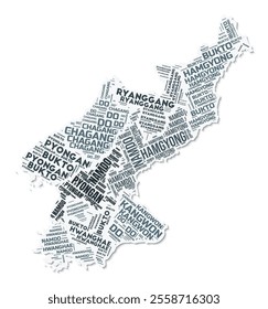 Dem. Rep. Korea shape text cloud. Country border with shadow on white background. Dem. Rep. Korea with regions division in vintage gazette style. Elegant vector illustration.