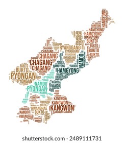 Dem. Rep. Korea Word Cloud. Country shape with region division. Dem. Rep. Korea typography style image. Region names tag clouds. Vector illustration.