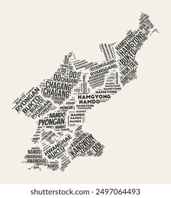 Dem. Rep. Korea Word Cloud. Country with regions division. Dem. Rep. Korea typographic text clouds vector image design. Vintage gazette style country shape image. Classy vector illustration.