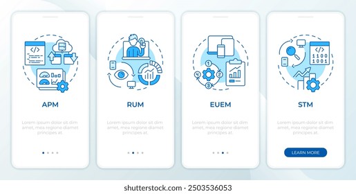 Pantalla azul del App móvil de la incorporación de las herramientas de DEM. Interacción del usuario. Instrucciones gráficas editables de 4 pasos con conceptos lineales. PLANTILLA UI, UX, GUI