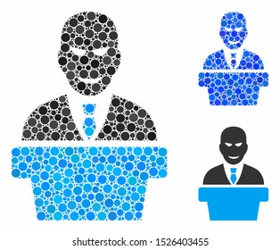 Demagogue composition for demagogue icon of small circles in various sizes and color tints. Vector filled circles are composed into blue composition. Dotted demagogue icon in usual and blue versions.