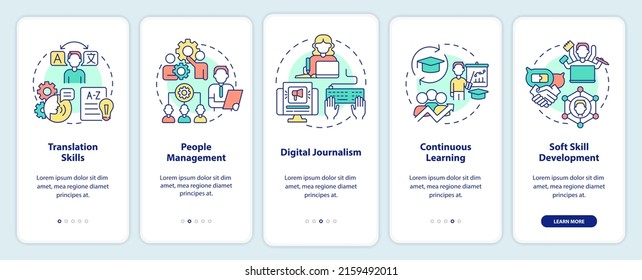 In demand additional skills onboarding mobile app screen. Translation walkthrough 5 steps graphic instructions pages with linear concepts. UI, UX, GUI template. Myriad Pro-Bold, Regular fonts used