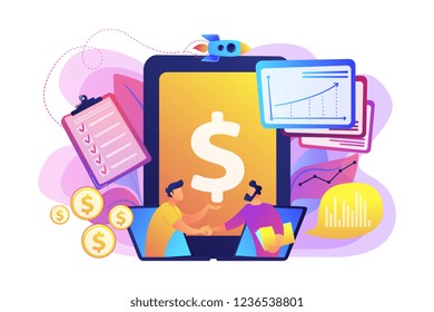 Demand analysts shaking hands from laptops screens and planning future demand. Demand planning, demand analytics, digital sales forecast concept. Bright vibrant violet vector isolated illustration