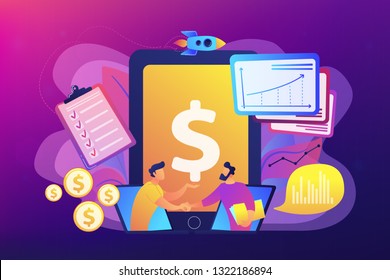 Los analistas de la demanda le dan la mano a las pantallas de los portátiles y planifican la demanda futura. Planificación de la demanda, análisis de la demanda, concepto de previsión de ventas digitales. Ilustración aislada de vector violeta brillante brillante