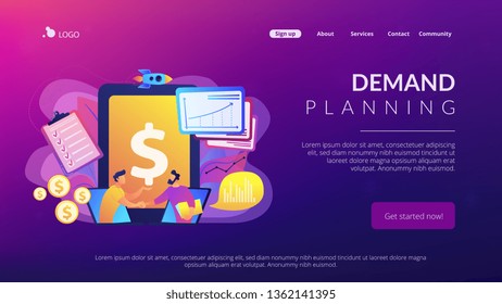 Demand analysts shaking hands from laptops screens and planning future demand. Demand planning, demand analytics, digital sales forecast concept. Website vibrant violet landing web page template.