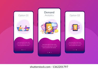 Demand analysts shaking hands from laptops screens and planning future demand. Demand planning, demand analytics, digital sales forecast concept. Mobile UI UX GUI template, app interface wireframe