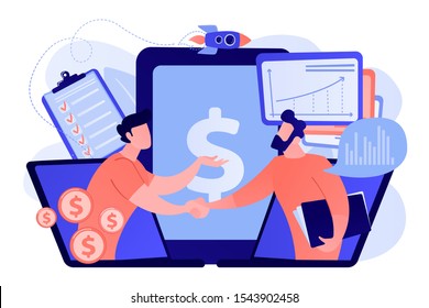 Demand Analysts Shaking Hands From Laptops Screens And Planning Future Demand. Demand Planning, Demand Analytics, Digital Sales Forecast Concept. Pink Coral Blue Vector Isolated Illustration