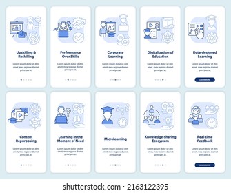 In demand competencies light blue onboarding mobile app screen set. Walkthrough 5 steps graphic instructions pages with linear concepts. UI, UX, GUI template. Myriad Pro-Bold, Regular fonts used