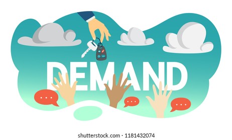 Demand concept. Hand of real estate agent holding house key and byuers pulling hands up. Flat vector illustration