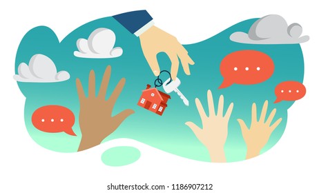 Demand concept. Hand of real estate agent holding house key and byuers pulling hands up. Buying cheap apartment. Flat vector illustration