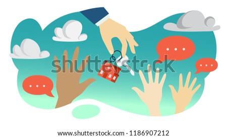 Demand concept. Hand of real estate agent holding house key and byuers pulling hands up. Buying cheap apartment. Flat vector illustration