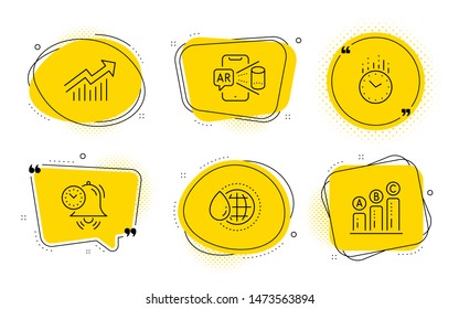 Demand curve, Augmented reality and Graph chart signs. Chat bubbles. Time management, World water and Time line icons set. Alarm clock, Aqua drop, Clock. Statistical report. Science set. Vector