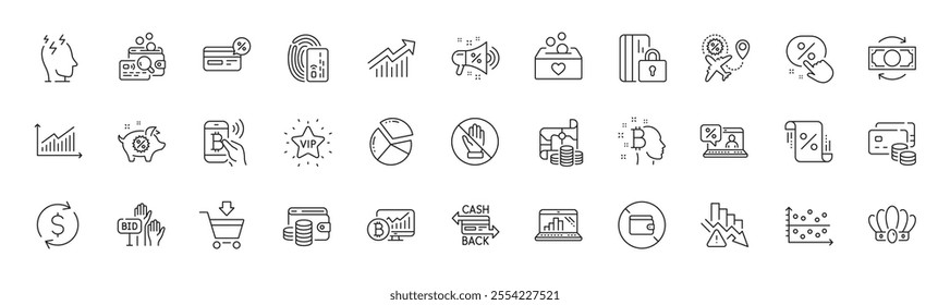 Demand curve, Blocked card and Crown line icons. Pack of Online market, Wallet, Corrupt icon. Card, Vip star, Inspect pictogram. Graph laptop, Deflation, Bitcoin pay. Loan percent. Line icons. Vector