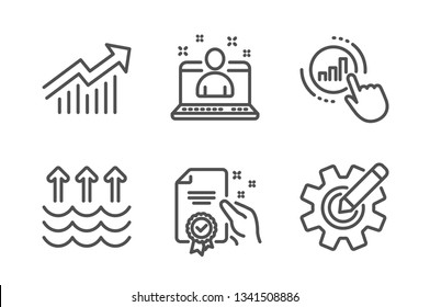 Demand curve, Graph chart and Certificate icons simple set. Evaporation, Best manager and Cogwheel signs. Statistical report, Get report. Science set. Line demand curve icon. Editable stroke. Vector