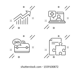 Demand curve, Medical help and 24h service line icons set. Strategy sign. Statistical report, Medicine laptop, Support. Puzzle. Technology set. Line demand curve outline icon. Vector