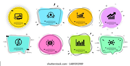 Demand curve, Money exchange and Candlestick chart line icons set. Chat bubbles with quotes. Column chart, Business targeting and Dollar exchange signs. Bitcoin system symbol. Vector