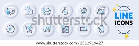 Demand curve, Payment method and Sales diagram line icons for web app. Pack of Shopping cart, Bribe, Add products pictogram icons. Euro money, Loan, Report signs. Excise duty, Donation. Vector