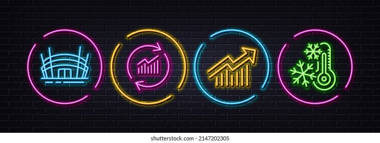 Demand curve, Update data and Arena stadium minimal line icons. Neon laser 3d lights. Freezing icons. For web, application, printing. Statistical report, Sales statistics, Competition building. Vector