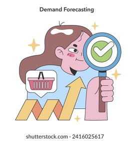 Demand Forecasting concept. Accurate market analysis with upbeat growth trends. Businesswoman with positive sales prediction. Flat vector illustration.