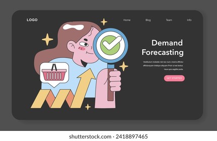 Demand Forecasting concept. Accurate market analysis with upbeat growth trends. Businesswoman with positive sales prediction. Flat vector illustration.