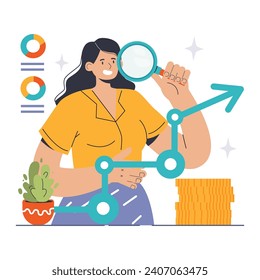 Demand Forecasting concept. Expert analyzing market trends to predict future needs, ensuring efficient inventory management. Economic growth analysis. Flat vector illustration