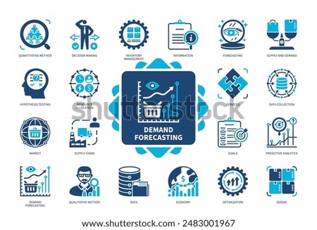 Demand Forecasting icon set. Information, Data Collection, Optimization, Economy, Qualitative Method, Data, Goods, Hypothesis Testing. Duotone color solid icons