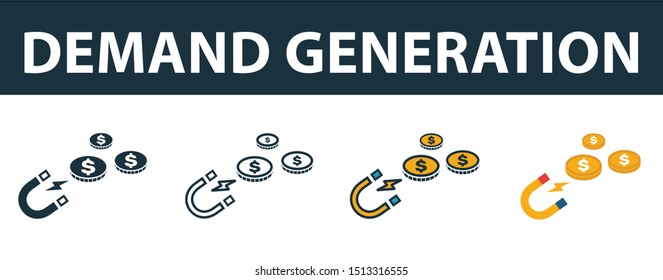 Demand Generation icon set. Premium simple element in diferent styles from crm icons collection. Set of demand generation icon in filled, outline, colored and flat symbols concept.