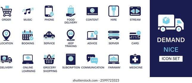 Demand icon set collection. Order, music, phone, food delivery, content, hire, stream, location, booking, service, jeep tracking, advice and best solid icon set.