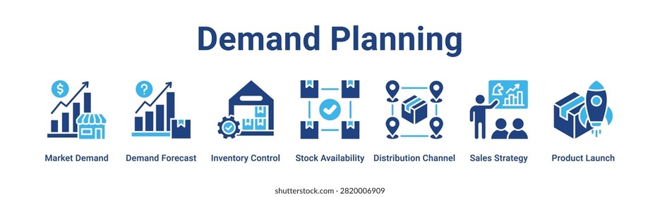 Demand Planning web banner icon vector illustration concept for business with icon of Market Demand, Demand Forecast, Inventory Control, Stock Availability, Distribution Channel, Sales Strategy,.