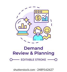 Demand review and planning multi color concept icon. Data analytics. Sales forecasting. Cycle of sop process. Round shape line illustration. Abstract idea. Graphic design. Easy to use article