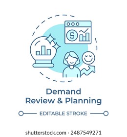 Demand review and planning soft blue concept icon. Data analytics. Sales forecasting. Cycle of sop process. Round shape line illustration. Abstract idea. Graphic design. Easy to use article