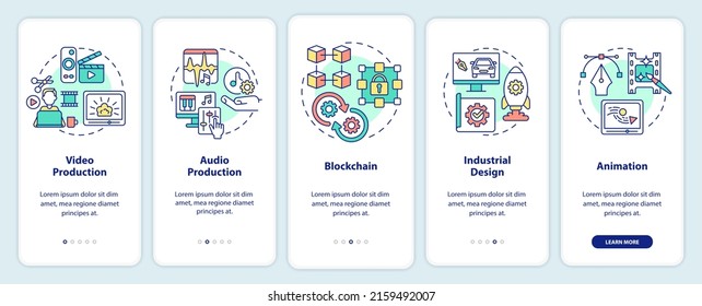 In demand skills for freelancing onboarding mobile app screen. Production walkthrough 5 steps graphic instructions pages with linear concepts. UI, UX, GUI template. Myriad Pro-Bold, Regular fonts used