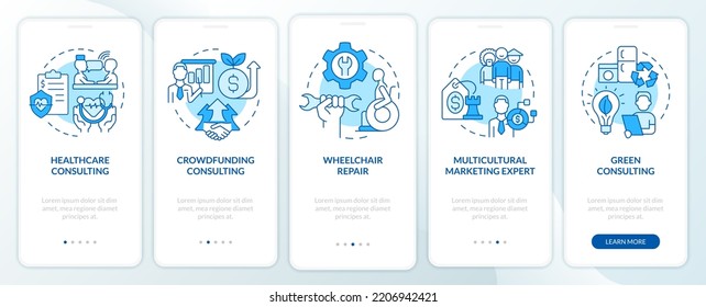 In demand small business types blue onboarding mobile app screen. Walkthrough 5 steps editable graphic instructions with linear concepts. UI, UX, GUI template. Myriad Pro-Bold, Regular fonts used