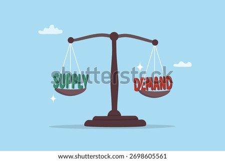 Demand supply equilibrium scale, pricing strategy, resource evaluation or economics cycle, market value consumption concept, equilibrium scale with the word demand and supply.