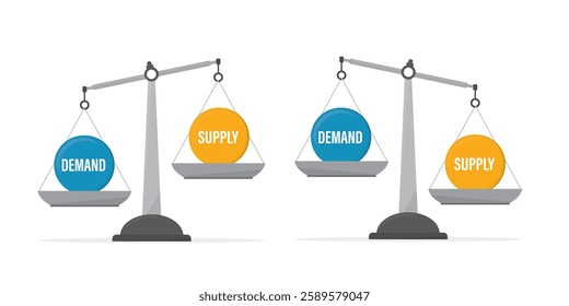 Demand and Supply, imbalance on the scale. Business Concept. Inequality between demand and supply on scale symbolizing global economic crisis or problems. flat vector illustration