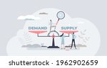 Demand supply scale balance for market sale management tiny person concept. Strategy planning analysis for efficient and competitive business vector illustration. Needs and offer forecast comparison.