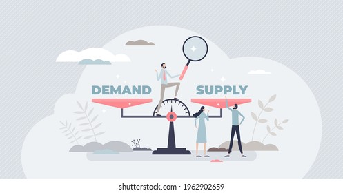 Demand supply scale balance for market sale management tiny person concept. Strategy planning analysis for efficient and competitive business vector illustration. Needs and offer forecast comparison.