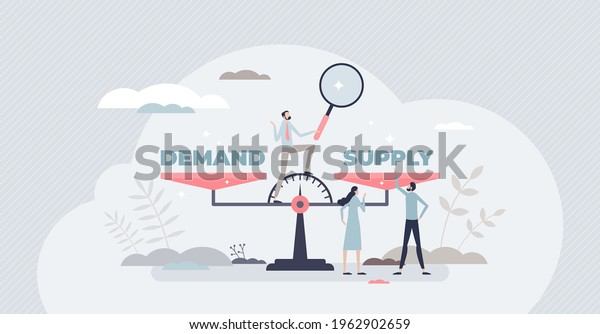 Demand supply scale balance for market sale\
management tiny person concept. Strategy planning analysis for\
efficient and competitive business vector illustration. Needs and\
offer forecast\
comparison.