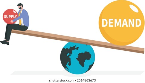 La demanda vs el equilibrio de la oferta, el problema de la cadena de suministro económica mundial, el modelo de Precios de mercado para bienes y servicios, el concepto de costo o venta minorista, el hombre de negocios que mantiene el equilibrio de la demanda y la oferta en el mundo.